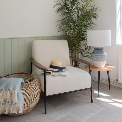 Libra Foundry Pale Grey Upholstered Armchair With Wooden Arm And Steel Frame