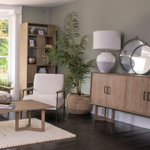 Libra Foundry Pale Grey Upholstered Armchair With Wooden Arm And Steel Frame