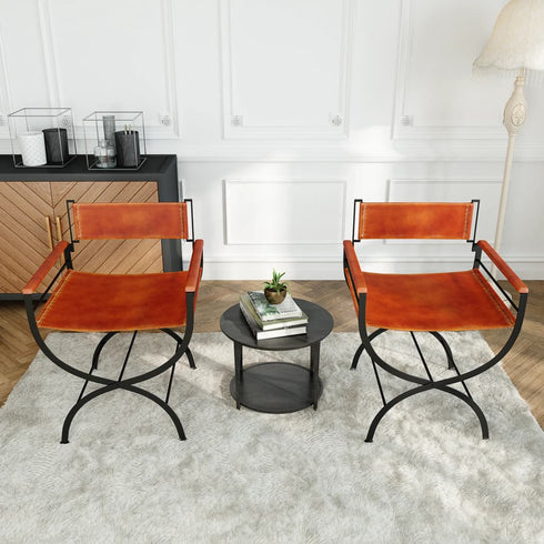 Swen Studio - Folding Chairs 2 pcs Black and Brown Real Leather
